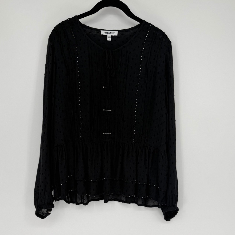 William Rast Black Clip Dot Studded Peplum Blouse Tie Neck Long Sleeve Small
